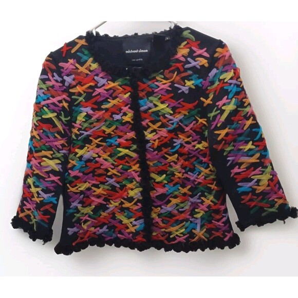 Michael Simon Ribbon Sweater Criss Cross Ribbon Cardigan Art To Wear S - Picture 2 of 12